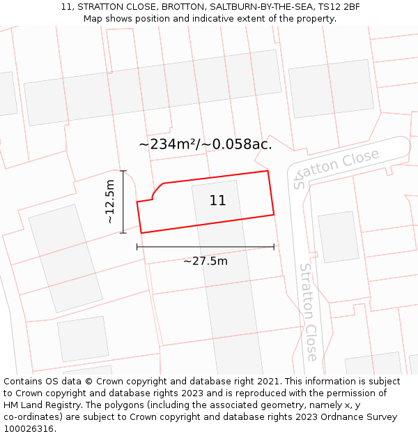 11, STRATTON CLOSE, BROTTON, SALTBURN-BY-THE-SEA, TS12 2BF: Plot and title map