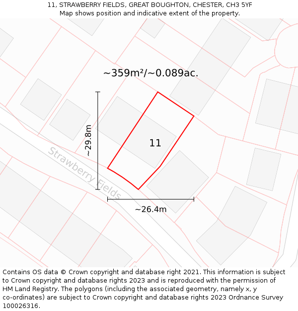 11, STRAWBERRY FIELDS, GREAT BOUGHTON, CHESTER, CH3 5YF: Plot and title map