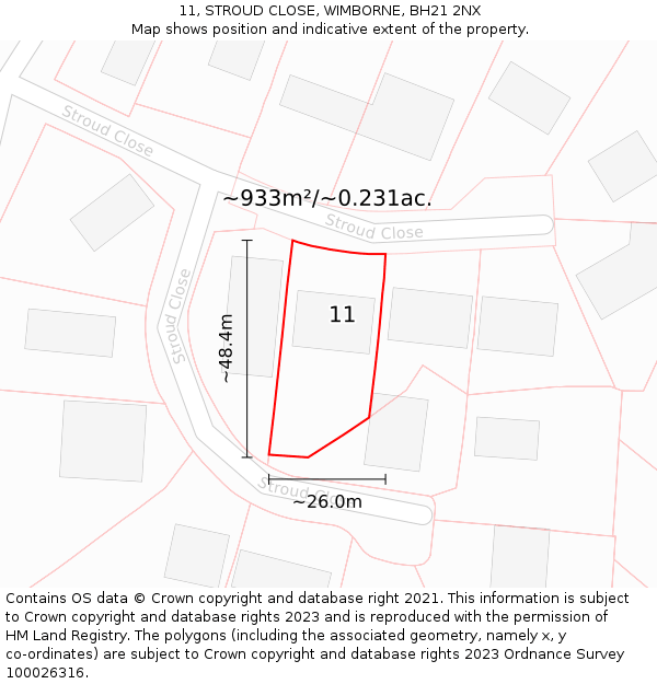 11, STROUD CLOSE, WIMBORNE, BH21 2NX: Plot and title map