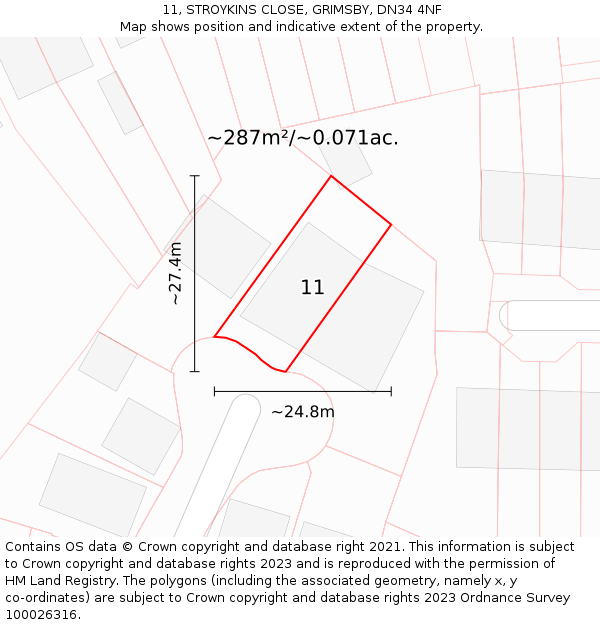11, STROYKINS CLOSE, GRIMSBY, DN34 4NF: Plot and title map