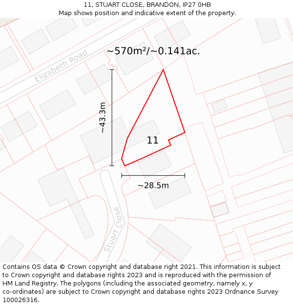 11, STUART CLOSE, BRANDON, IP27 0HB: Plot and title map