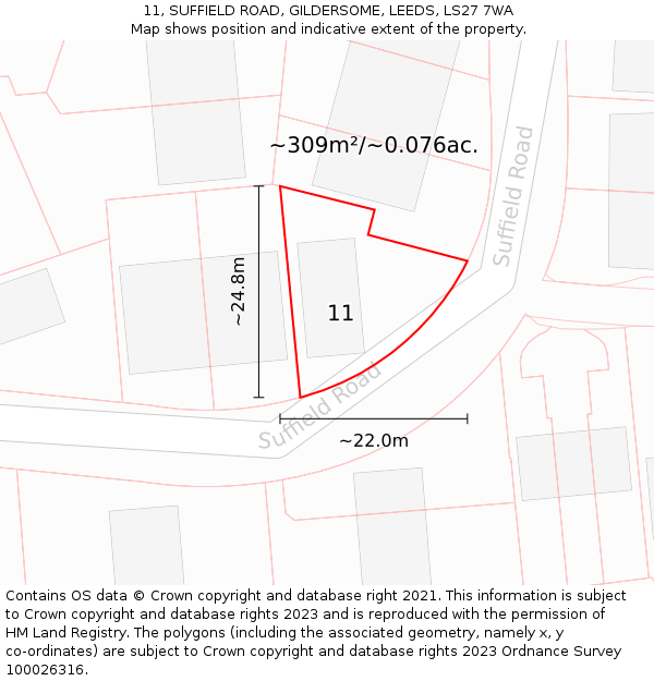 11, SUFFIELD ROAD, GILDERSOME, LEEDS, LS27 7WA: Plot and title map