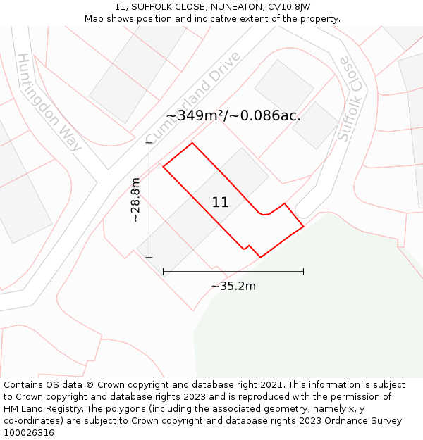 11, SUFFOLK CLOSE, NUNEATON, CV10 8JW: Plot and title map