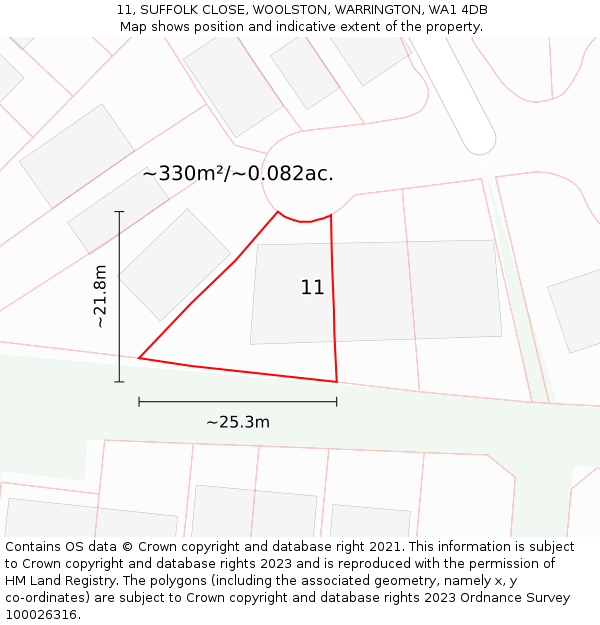 11, SUFFOLK CLOSE, WOOLSTON, WARRINGTON, WA1 4DB: Plot and title map