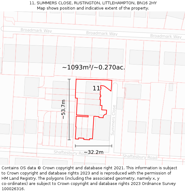 11, SUMMERS CLOSE, RUSTINGTON, LITTLEHAMPTON, BN16 2HY: Plot and title map