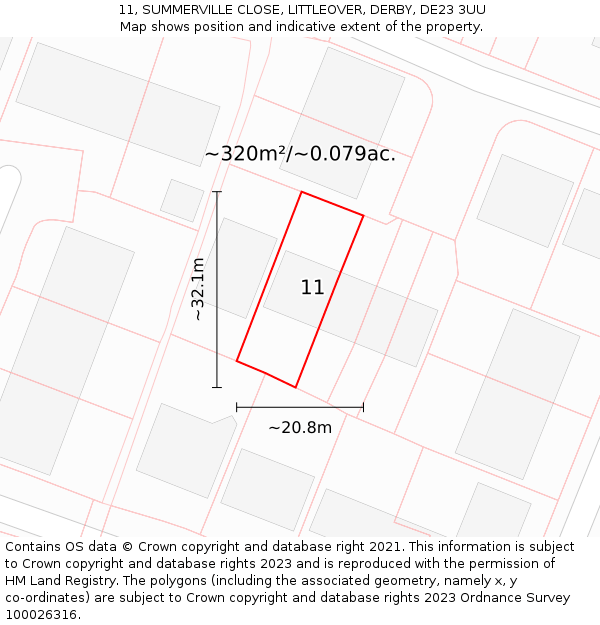 11, SUMMERVILLE CLOSE, LITTLEOVER, DERBY, DE23 3UU: Plot and title map
