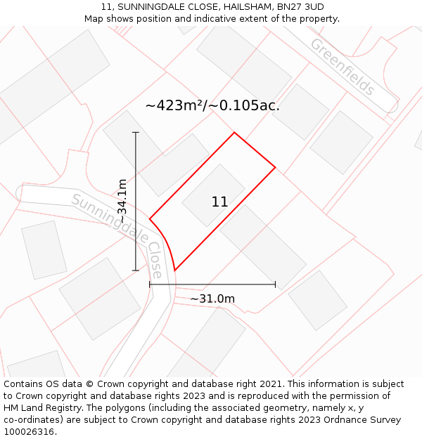 11, SUNNINGDALE CLOSE, HAILSHAM, BN27 3UD: Plot and title map