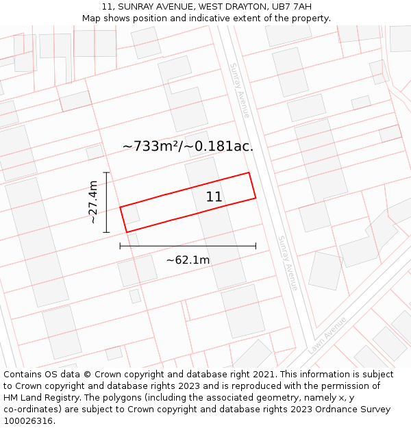 11, SUNRAY AVENUE, WEST DRAYTON, UB7 7AH: Plot and title map