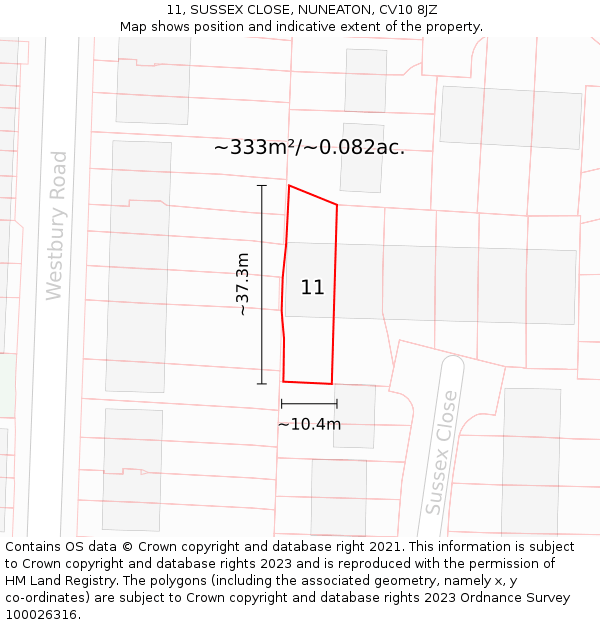 11, SUSSEX CLOSE, NUNEATON, CV10 8JZ: Plot and title map