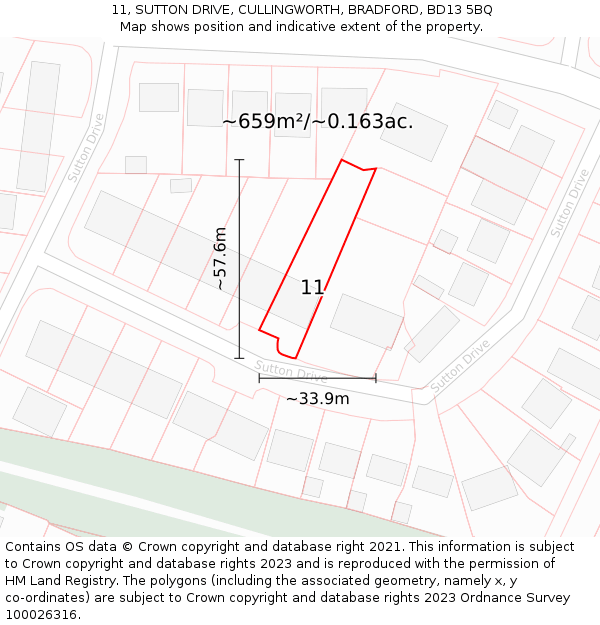11, SUTTON DRIVE, CULLINGWORTH, BRADFORD, BD13 5BQ: Plot and title map