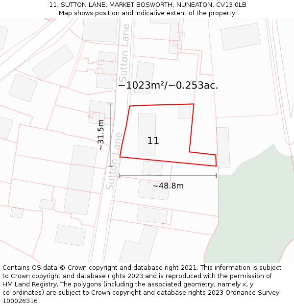 11, SUTTON LANE, MARKET BOSWORTH, NUNEATON, CV13 0LB: Plot and title map