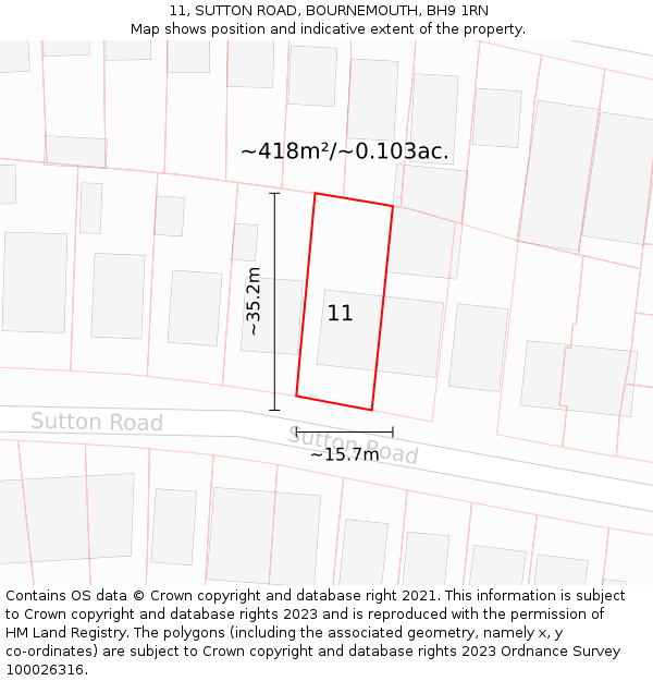 11, SUTTON ROAD, BOURNEMOUTH, BH9 1RN: Plot and title map