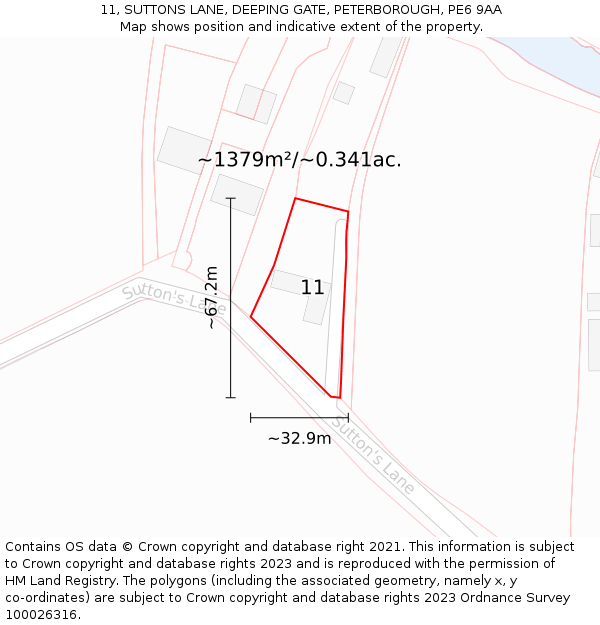 11, SUTTONS LANE, DEEPING GATE, PETERBOROUGH, PE6 9AA: Plot and title map
