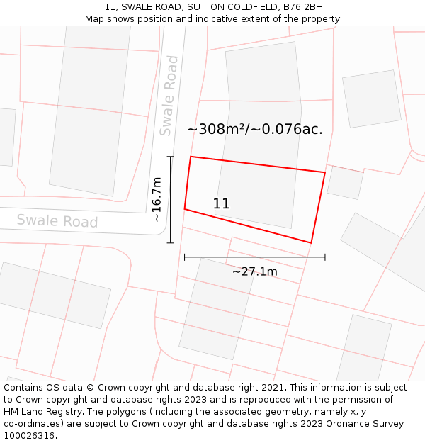 11, SWALE ROAD, SUTTON COLDFIELD, B76 2BH: Plot and title map