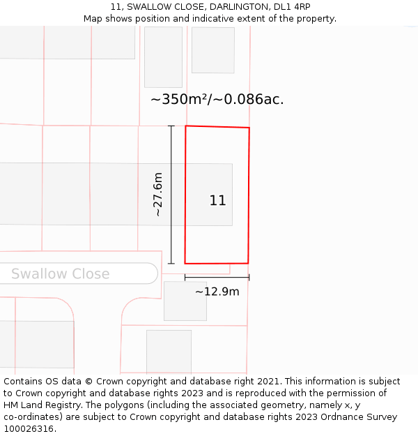 11, SWALLOW CLOSE, DARLINGTON, DL1 4RP: Plot and title map