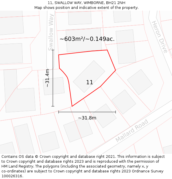 11, SWALLOW WAY, WIMBORNE, BH21 2NH: Plot and title map