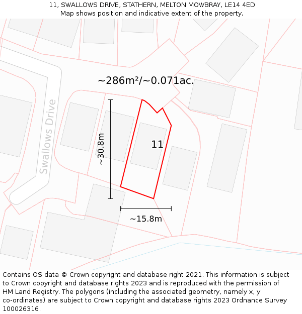 11, SWALLOWS DRIVE, STATHERN, MELTON MOWBRAY, LE14 4ED: Plot and title map