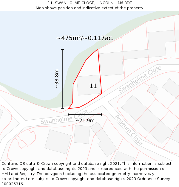 11, SWANHOLME CLOSE, LINCOLN, LN6 3DE: Plot and title map