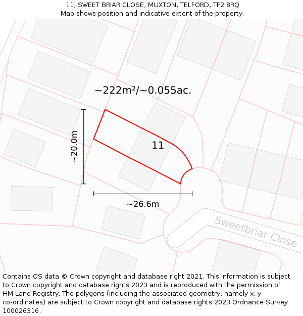 11, SWEET BRIAR CLOSE, MUXTON, TELFORD, TF2 8RQ: Plot and title map