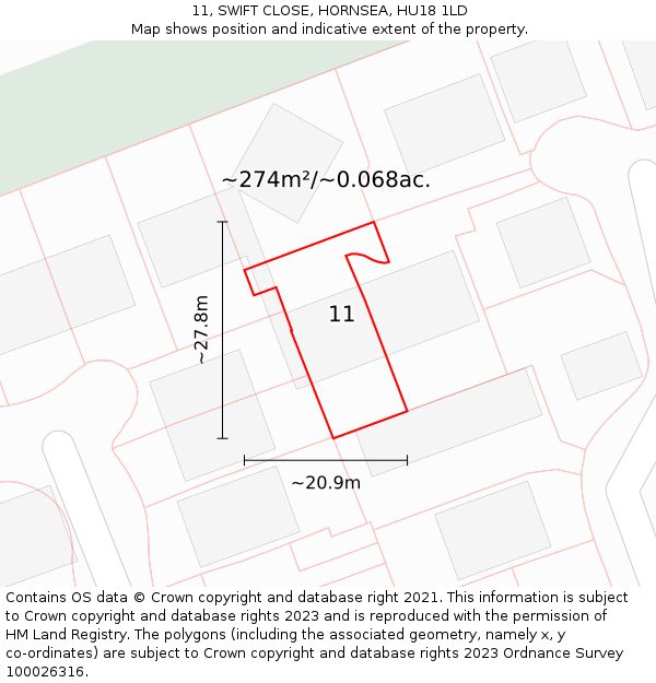 11, SWIFT CLOSE, HORNSEA, HU18 1LD: Plot and title map