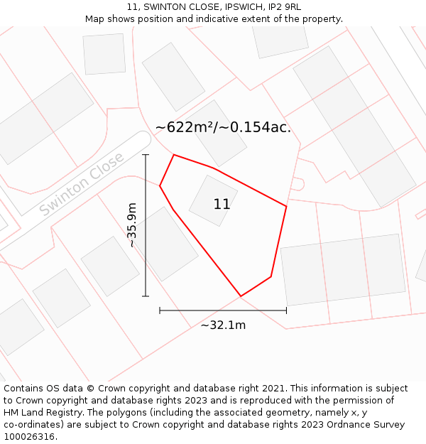 11, SWINTON CLOSE, IPSWICH, IP2 9RL: Plot and title map