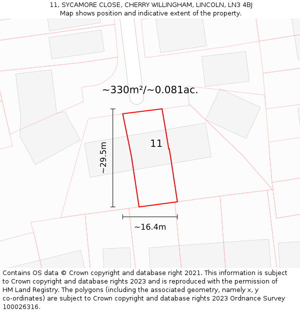 11, SYCAMORE CLOSE, CHERRY WILLINGHAM, LINCOLN, LN3 4BJ: Plot and title map