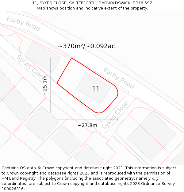 11, SYKES CLOSE, SALTERFORTH, BARNOLDSWICK, BB18 5SZ: Plot and title map