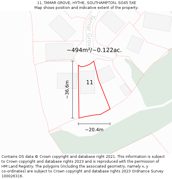 11, TAMAR GROVE, HYTHE, SOUTHAMPTON, SO45 5XE: Plot and title map