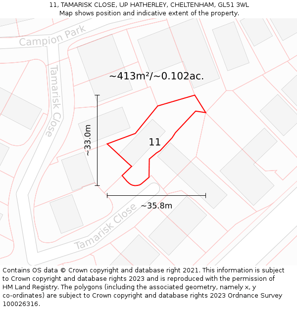 11, TAMARISK CLOSE, UP HATHERLEY, CHELTENHAM, GL51 3WL: Plot and title map