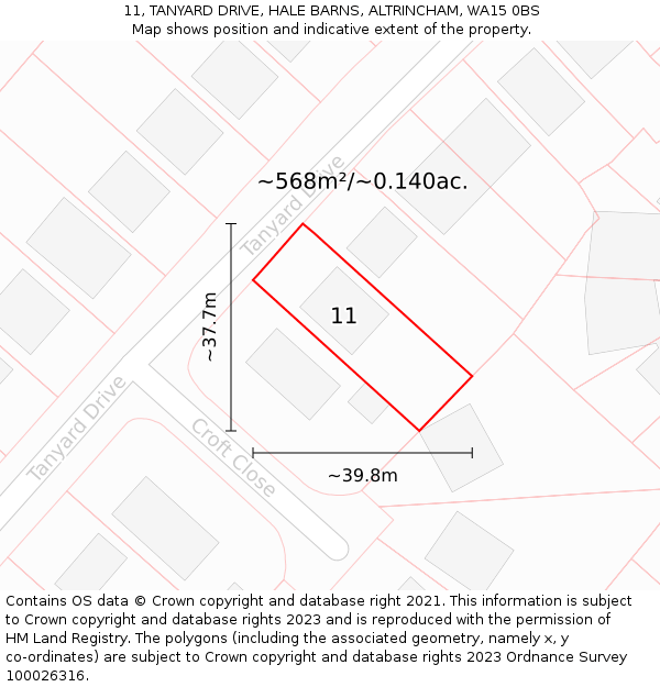11, TANYARD DRIVE, HALE BARNS, ALTRINCHAM, WA15 0BS: Plot and title map