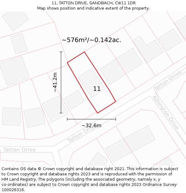 11, TATTON DRIVE, SANDBACH, CW11 1DR: Plot and title map