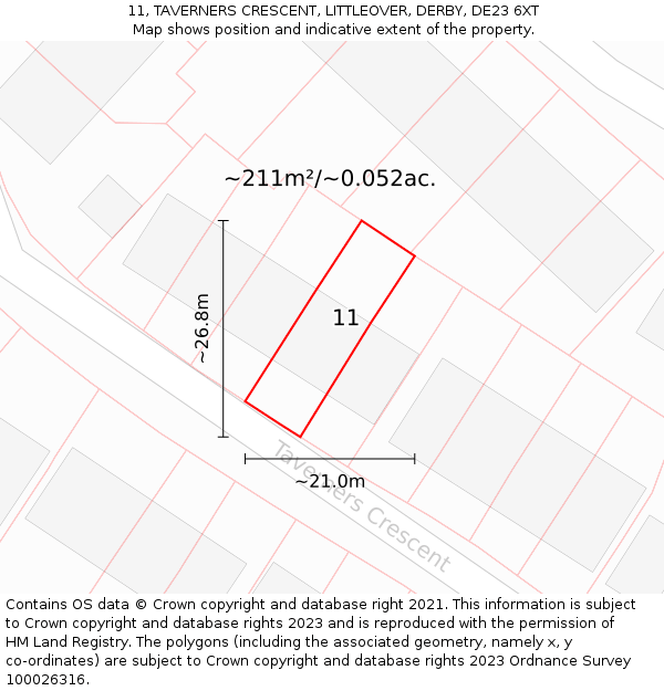 11, TAVERNERS CRESCENT, LITTLEOVER, DERBY, DE23 6XT: Plot and title map