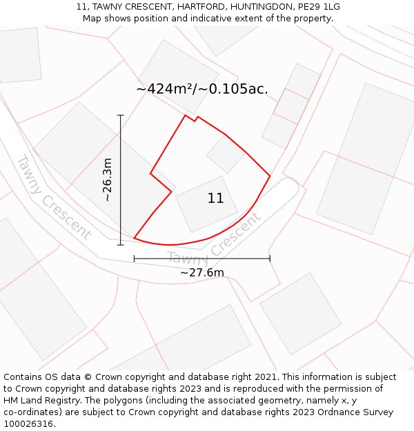11, TAWNY CRESCENT, HARTFORD, HUNTINGDON, PE29 1LG: Plot and title map