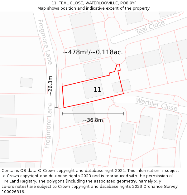 11, TEAL CLOSE, WATERLOOVILLE, PO8 9YF: Plot and title map