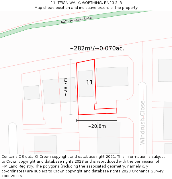 11, TEIGN WALK, WORTHING, BN13 3LR: Plot and title map