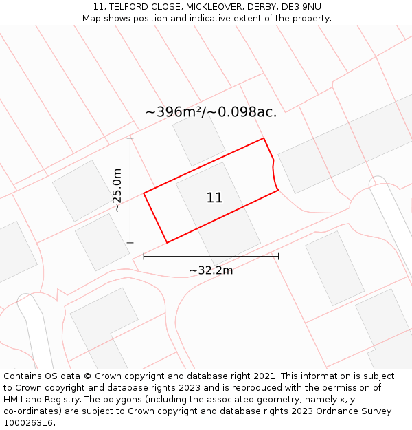 11, TELFORD CLOSE, MICKLEOVER, DERBY, DE3 9NU: Plot and title map