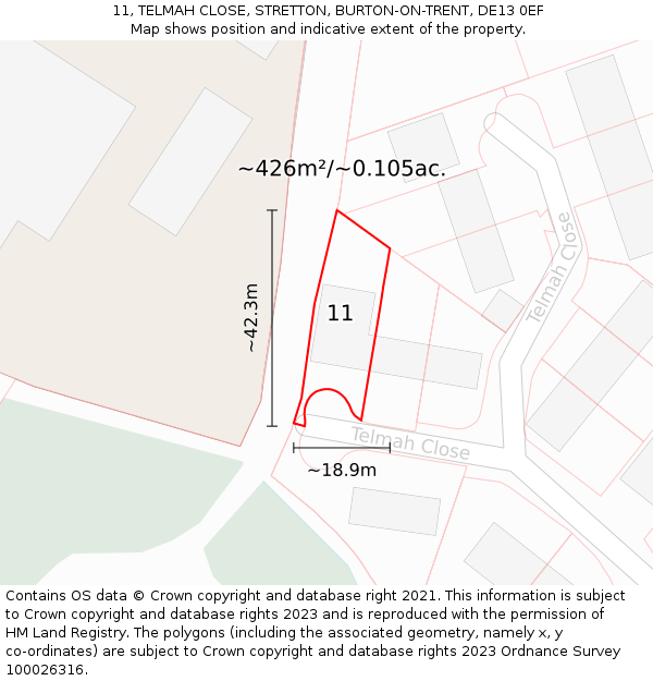 11, TELMAH CLOSE, STRETTON, BURTON-ON-TRENT, DE13 0EF: Plot and title map