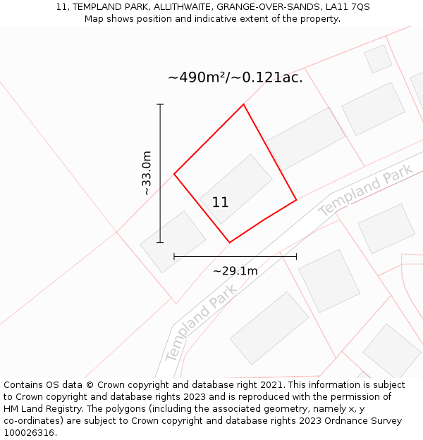 11, TEMPLAND PARK, ALLITHWAITE, GRANGE-OVER-SANDS, LA11 7QS: Plot and title map