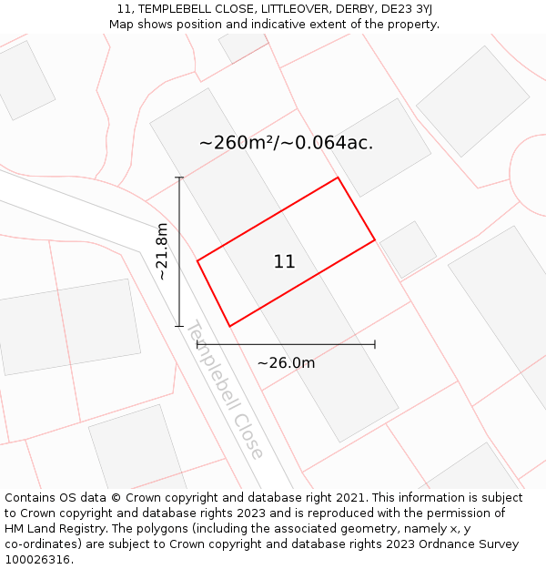 11, TEMPLEBELL CLOSE, LITTLEOVER, DERBY, DE23 3YJ: Plot and title map