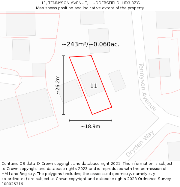 11, TENNYSON AVENUE, HUDDERSFIELD, HD3 3ZG: Plot and title map