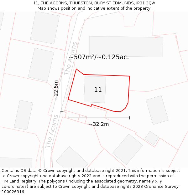 11, THE ACORNS, THURSTON, BURY ST EDMUNDS, IP31 3QW: Plot and title map