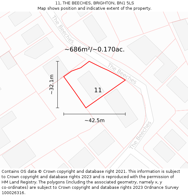 11, THE BEECHES, BRIGHTON, BN1 5LS: Plot and title map