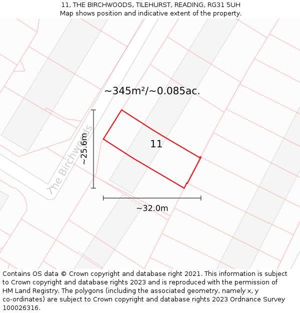 11, THE BIRCHWOODS, TILEHURST, READING, RG31 5UH: Plot and title map