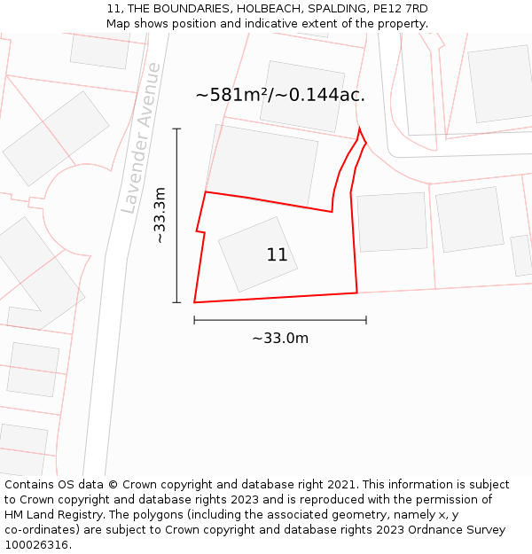 11, THE BOUNDARIES, HOLBEACH, SPALDING, PE12 7RD: Plot and title map