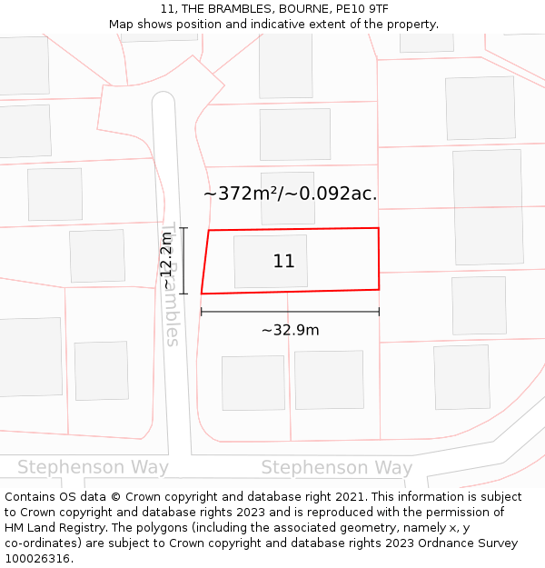 11, THE BRAMBLES, BOURNE, PE10 9TF: Plot and title map
