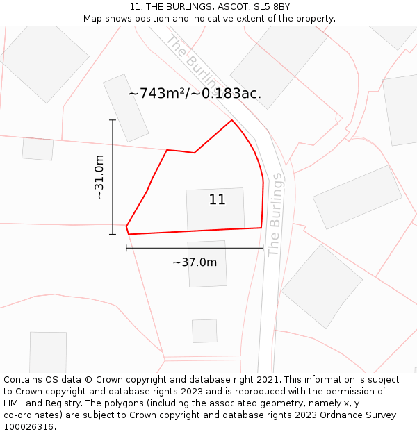 11, THE BURLINGS, ASCOT, SL5 8BY: Plot and title map