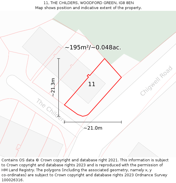 11, THE CHILDERS, WOODFORD GREEN, IG8 8EN: Plot and title map