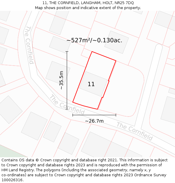 11, THE CORNFIELD, LANGHAM, HOLT, NR25 7DQ: Plot and title map