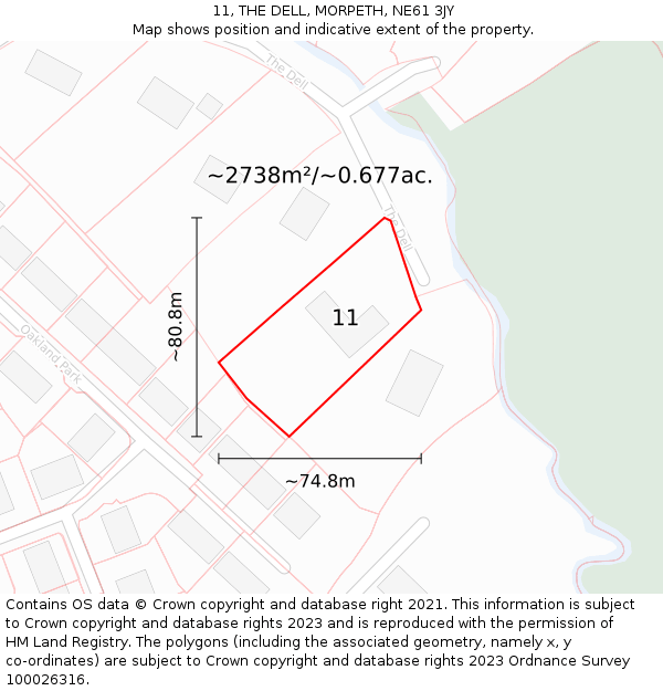 11, THE DELL, MORPETH, NE61 3JY: Plot and title map