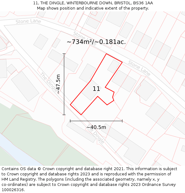 11, THE DINGLE, WINTERBOURNE DOWN, BRISTOL, BS36 1AA: Plot and title map